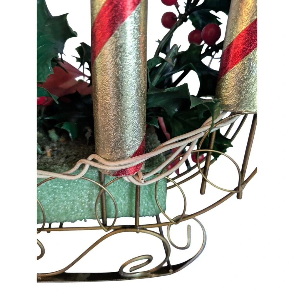 Vintage Lighted Sleigh Christmas Candle Display Holly‎ Poinsettia MCM 13x9x4.5